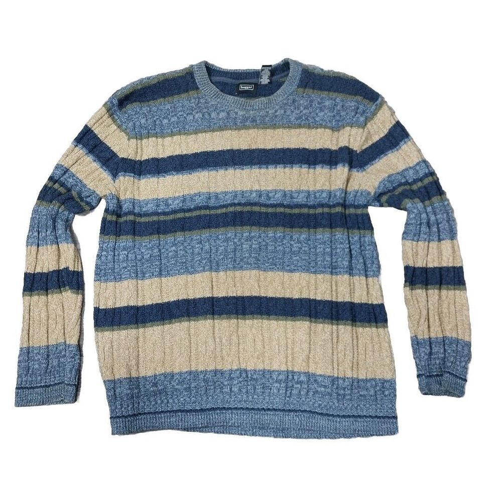 Haggar Sweater Mens XL Blue Tan Cable Knit Winter Dress Sweater
